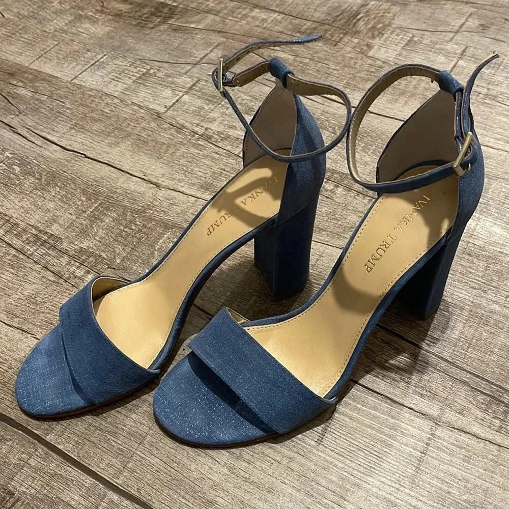 Ivanka Trump - Klover Sandals - Blue Chambray Suede Block Heel - Size 9M - GUC!!